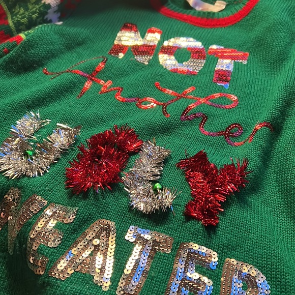 Not Another Ugly Sweater, Green Christmas Pullover with Bells, Tinsel & Sequins - Picture 7 of 9